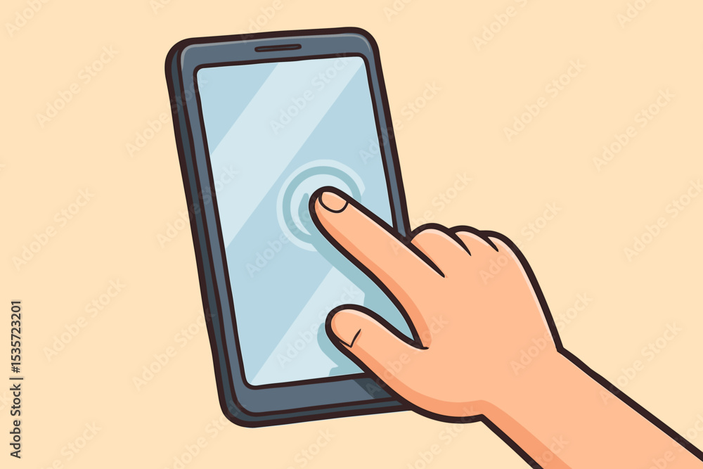 Poster hand touching smartphone screen. finger tapping on mobile phone display. cartoon vector illustration