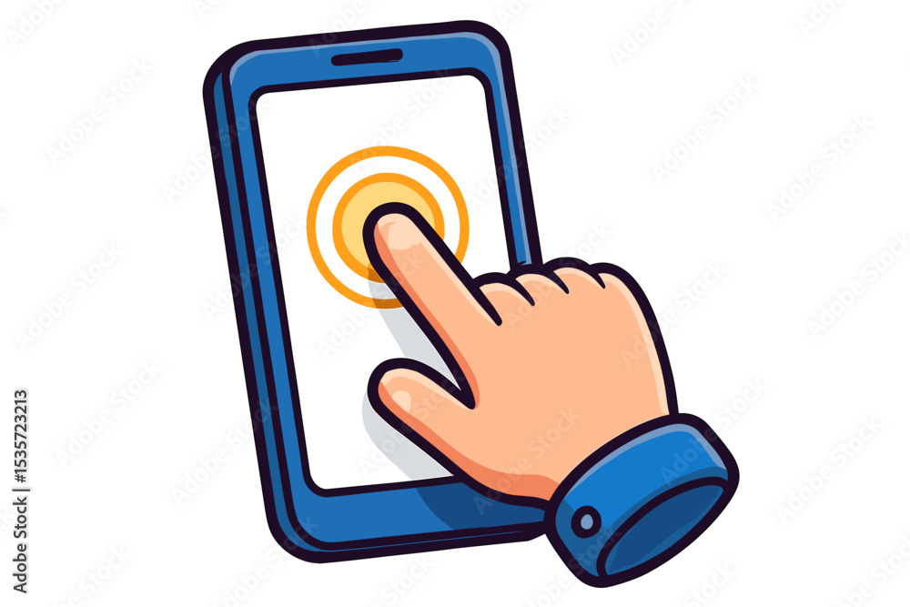 Poster hand touching smartphone screen cartoon illustration. finger tapping on mobile phone display. click 