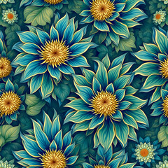 Deep blue floral burst with detailed petals and rich green leaves. Bold and lush design.