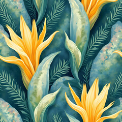 Bird of paradise flowers with large green leaves. Tropical and exotic with soft colors.