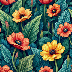 Bright garden flowers in orange, yellow, and coral. Lush greenery and soft petal details.