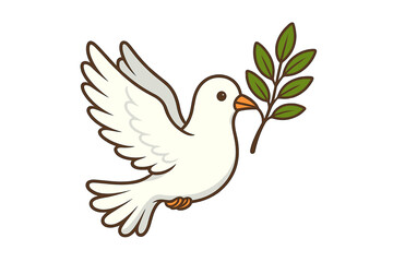Dove of peace vector illustration. Cute cartoon white pigeon flying with an olive branch. Symbol of hope, faith, freedom, and love. Religious Christian concept of harmony.