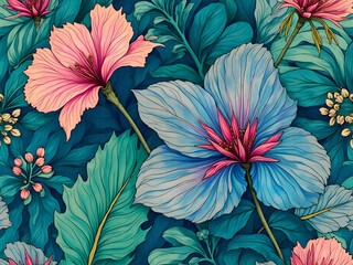 Hibiscus flowers in pink and lilac with large teal leaves. Soft and dreamy tropical mood.