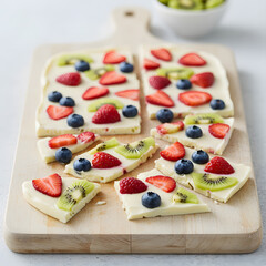 Broken pieces of white chocolate bark with fresh fruit