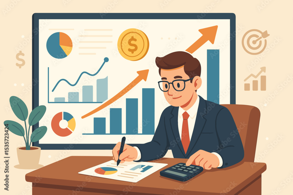 Poster businessman analyzing financial data on screen with charts and graphs. financial advisor working on 
