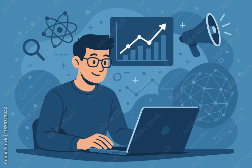 Poster man at laptop developing digital marketing strategy. business data analysis for growth with analytic