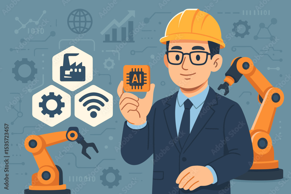 Poster engineer with ai chip for industrial automation. industry 4.0 and smart factory concept with robotic