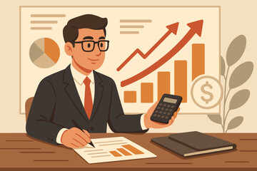 Financial analyst at work. Businessman analyzing data with calculator for a report. Concept of business strategy, investment growth, accounting, marketing, and profit success.