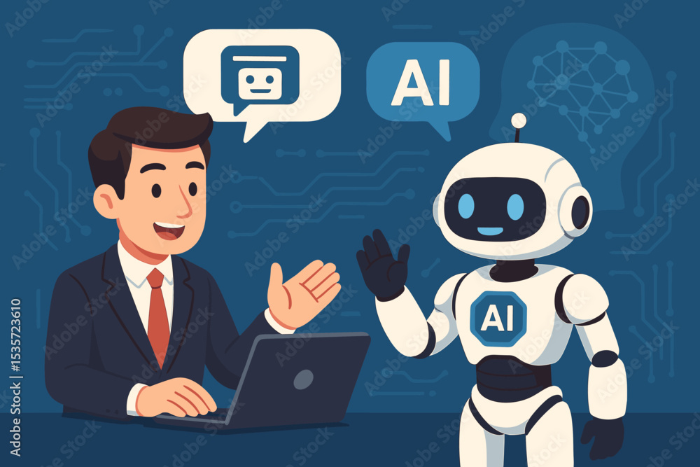 Poster ai robot assistant communicating with a businessman. human and chatbot interaction concept. artifici
