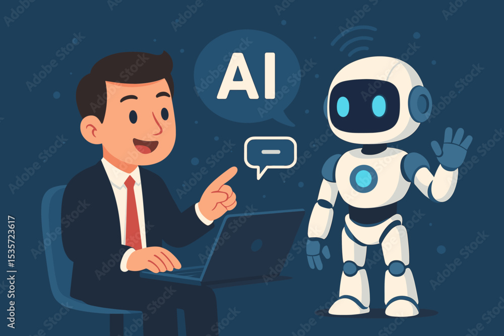 Poster businessman interacting with an ai robot. concept of artificial intelligence in business. man with l