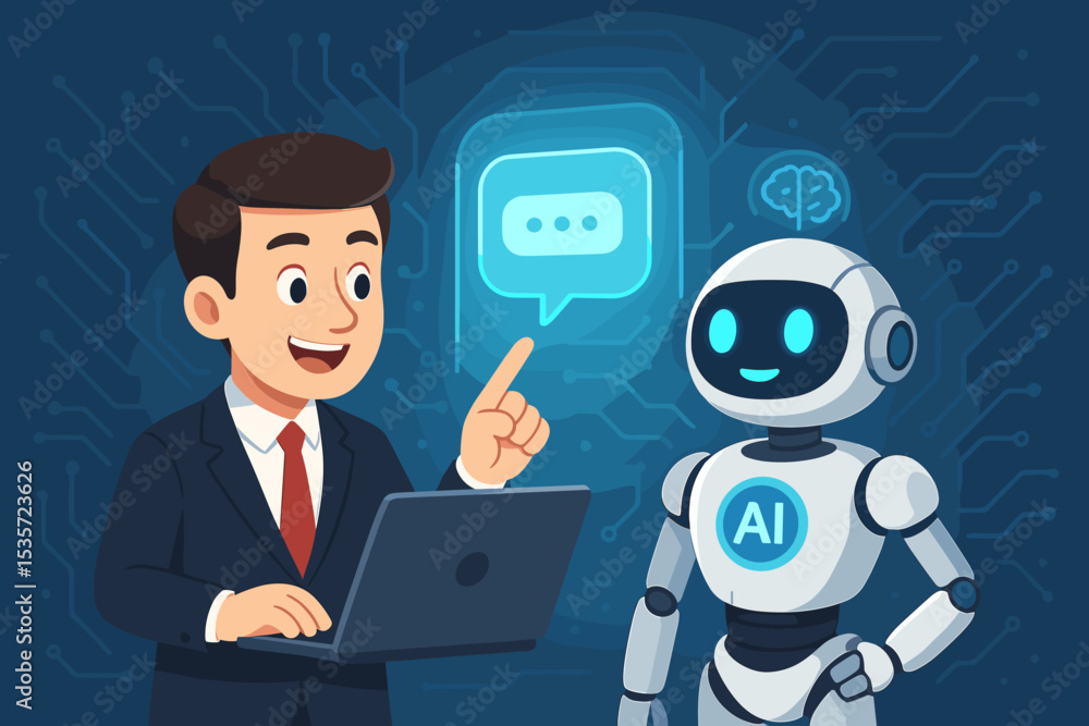 Poster businessman with laptop communicates with ai robot chatbot. concept of artificial intelligence in bu