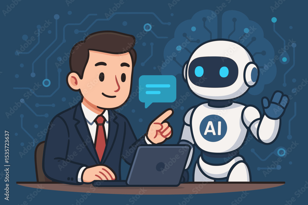 Poster businessman and ai robot interaction. human working with virtual assistant chatbot on laptop. concep