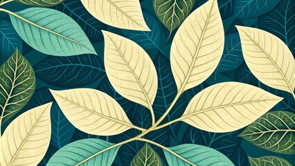 Fototapeta premium Tropical Leaf Composition Teal and Beige Botanical Illustration, Leaf Pattern, Nature Art Tropical Leaves, Botanical Illustration