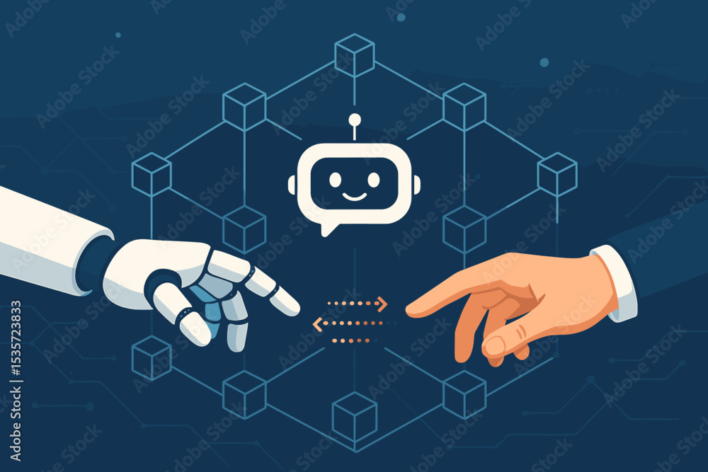 Poster ai and human collaboration concept. robot and businessman hands interaction. chatbot virtual assista