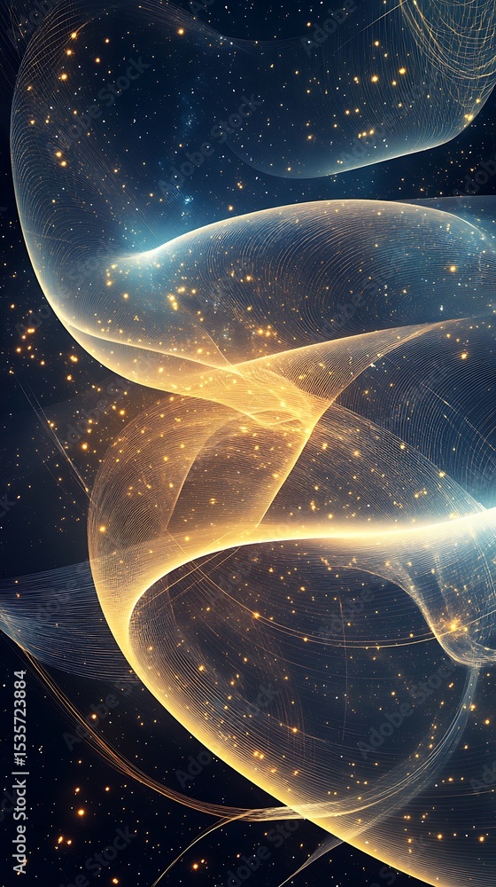 Aufkleber abstract cosmic waves with golden particles on dark starry background texture design