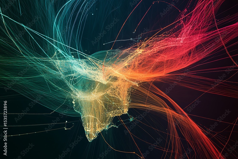 Poster abstract data visualization of light streaks on transparent background, energy flow