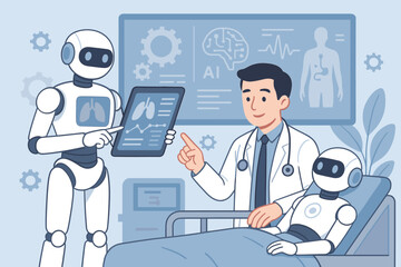 AI in healthcare concept with doctor and robot assistant. Futuristic medicine and technology innovation. Artificial intelligence analyzes patient medical data for diagnosis in hospital.