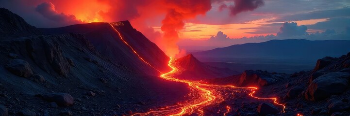 Fototapeta premium Molten lava flows relentlessly down a volcanic slope, igniting the night sky with fiery orange and red hues The destructive power of nature is vividly captured in this dramatic image , molten, hazard