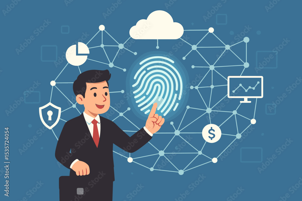 Poster businessman using fingerprint for secure cloud access. concept of biometric authentication, cybersec