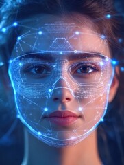 Futuristic facial recognition process analyzing facial features with data points for biometric security identity verification and advanced identification technology