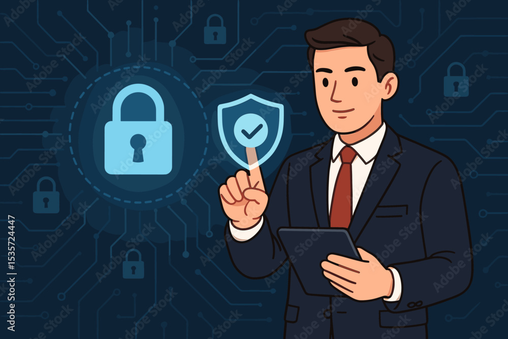 Aufkleber businessman touching digital security shield icon. cybersecurity and data protection concept. it spe