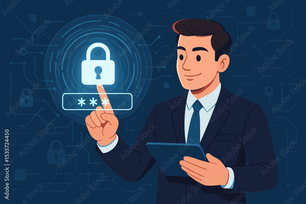 Aufkleber cybersecurity and data protection concept. businessman with a tablet entering a password on a futuri