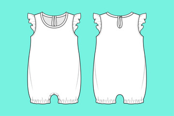 Infant Toddler Baby girls frill sleeve Romper technical drawing fashion flat sketch vector illustration template front and back views outline CAD mockup.