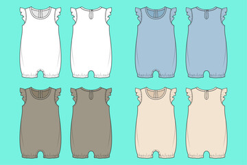 Infant Toddler Baby girls frill sleeve Romper colour way set technical drawing fashion flat sketch front and back views outline CAD mockup.
