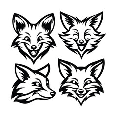 Collection of Fox Head Vector Illustrations Depicting Various Angles, Styles, and Expressions Rendered in Bold Black and White Graphics