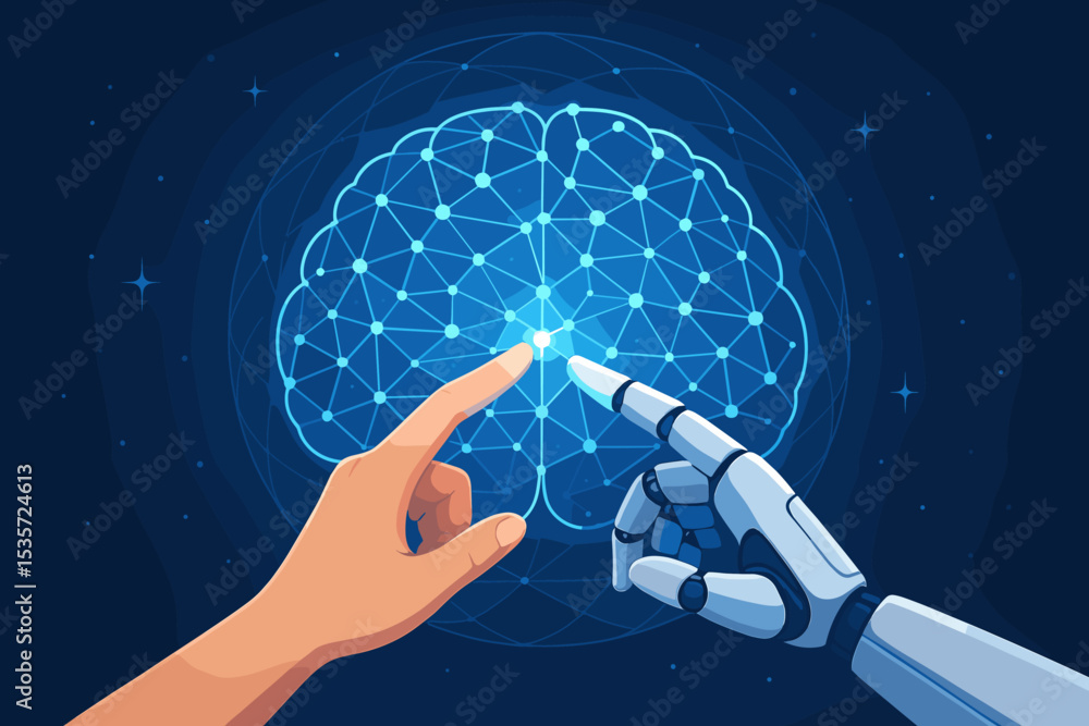 Poster artificial intelligence concept. robot and human hand touching a glowing neural network brain. human