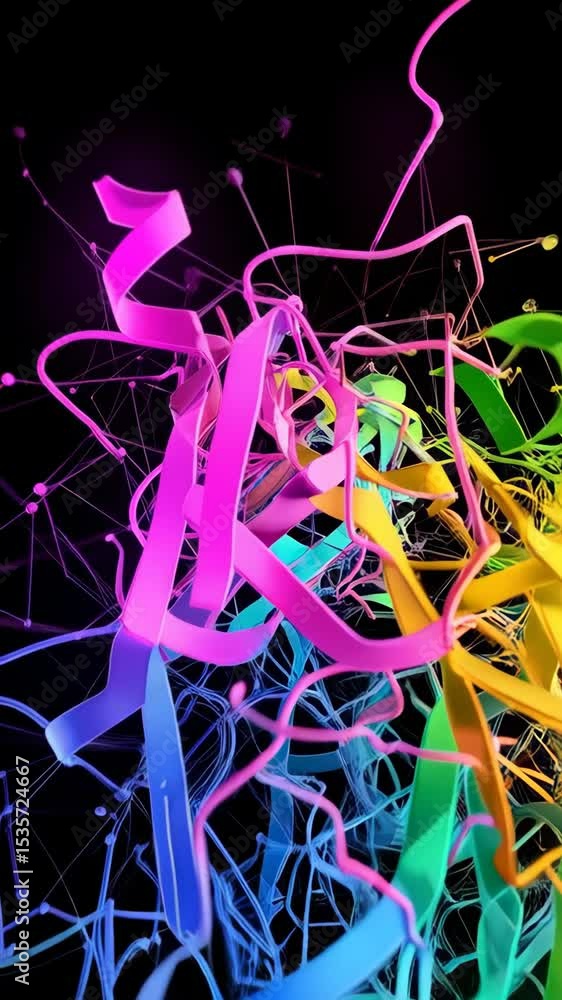 Poster abstract representation of a protein structure with vibrant neon colors, interconnected by a subtle 