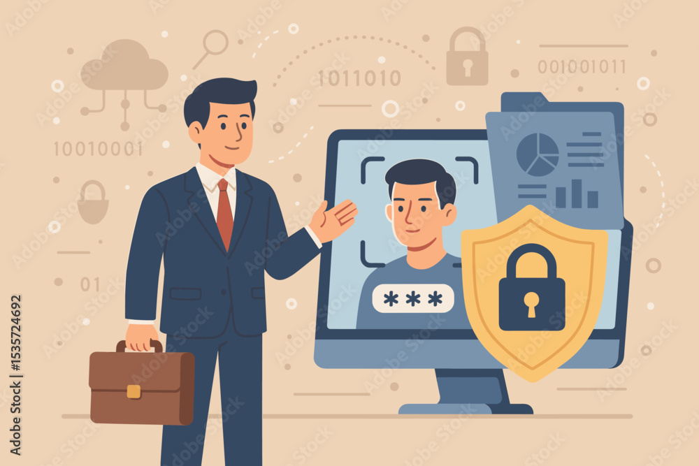 Poster biometric data security concept with businessman and facial recognition for authentication. cybersec