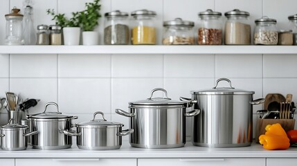Minimalist stainless steel kitchen setup pressure cookers stockpots and strainers clean design no labelling no logo no human