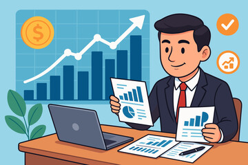 Financial analyst working on investment strategy and market analysis. Cartoon businessman at office desk with laptop and reports showing profit growth. Business success vector.