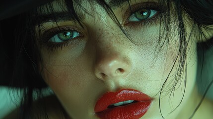 Mesmerizing closeup portrait of a woman with red lips and stunning green eyes