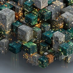 Pixel Dataflow Ribbon × Terracotta Binary Blocks: Floating in Silica Gray Digital Space with Modular Vector Grid, Pure 2D Quantum Construction