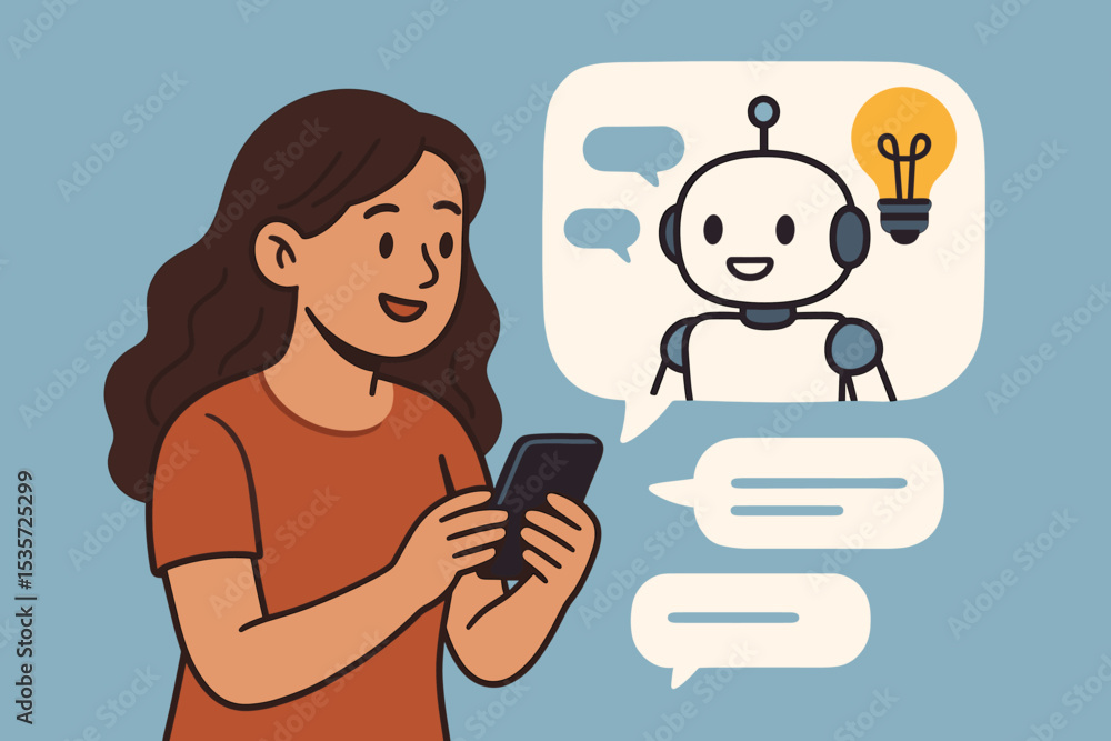 Aufkleber woman using smartphone messaging chatbot assistant. ai technology conversation, artificial intellige