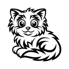 Adorable Cartoon Cat Illustration Black and White Vector Design Showing a Sweet Little Kitty with Big Eyes and Fluffy Fur