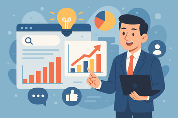 Business analytics strategy, data-driven growth, financial success, digital marketing research, bar chart, upward graph, businessman laptop, innovation, leadership, corporate report