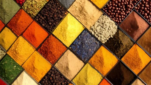 Variety of dry spices arranged in a mosaic pattern of square containers, creating colorful and textural food background