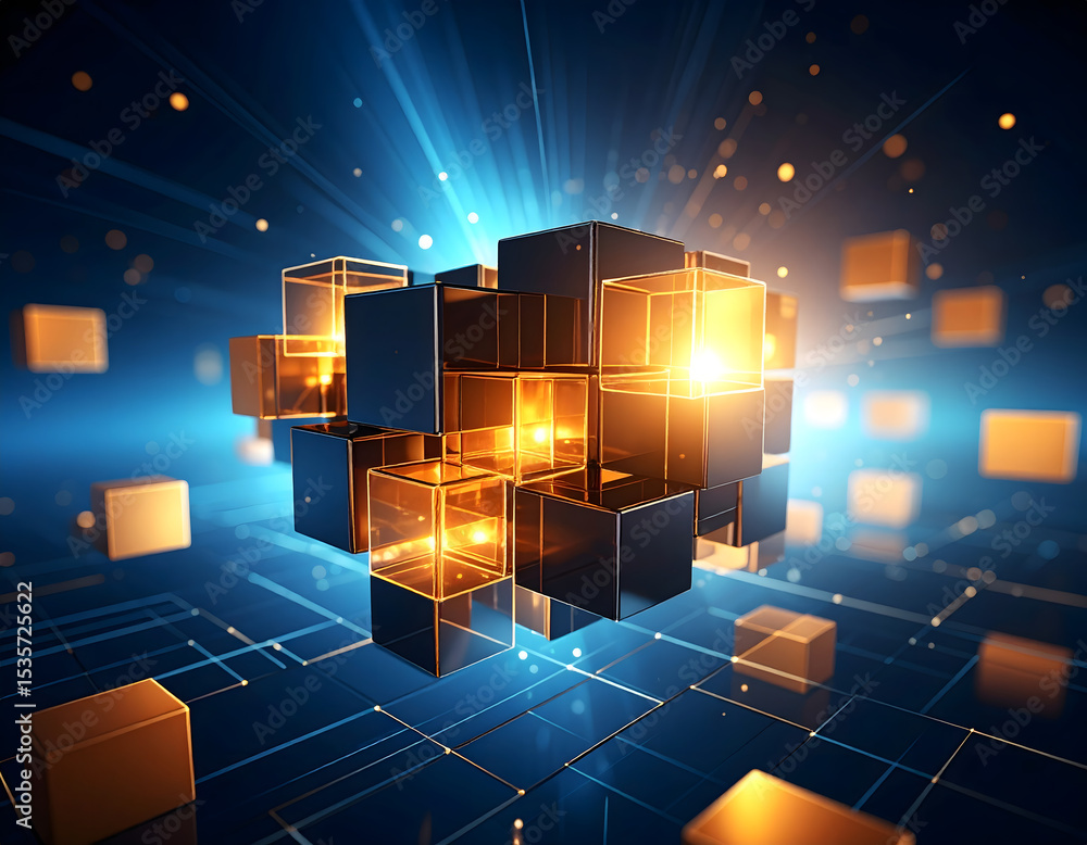 Poster abstract geometric composition of interlocking cubes with radial light effects