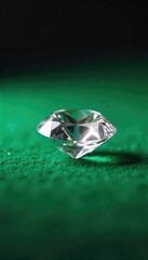 Fototapeta premium A single, flawless diamond rests on a plush green felt casino table, reflecting the ambient light The scene evokes luxury, wealth, and high-stakes gambling , win, casino night, gaming