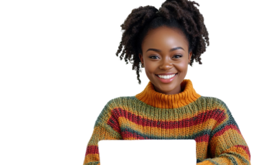 Woman model smiling while working remotely with laptop in bright modern setting isolated on transparent background PNG