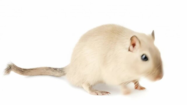 Light-colored gerbil with soft fur positioned sideways, displaying detailed profile with small ears and dark eye. Isolated on clean white studio background.