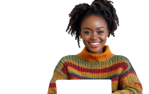 Woman model smiling while working remotely with laptop in bright modern setting isolated on transparent background PNG
