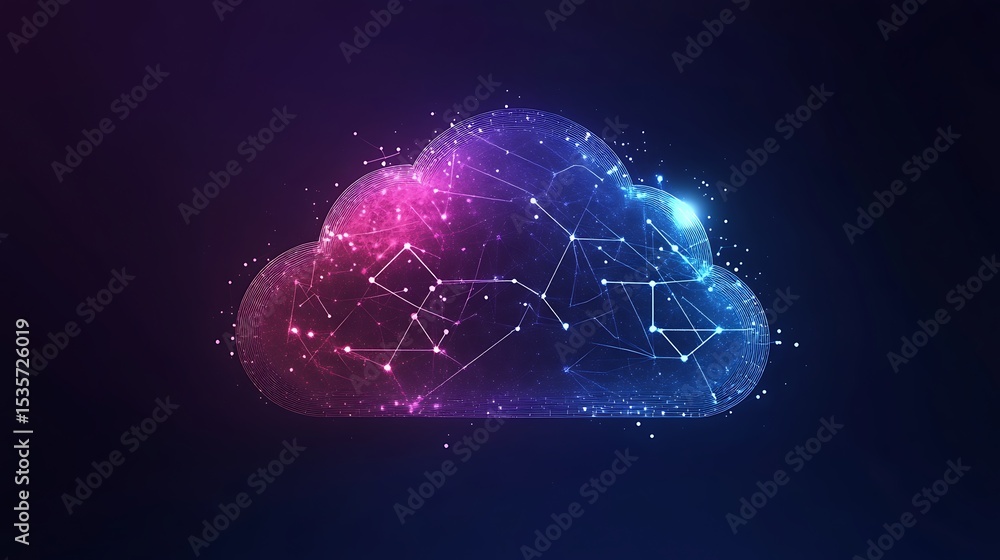 Aufkleber cloud shape network connectivity with pink and blue light on dark transparent background