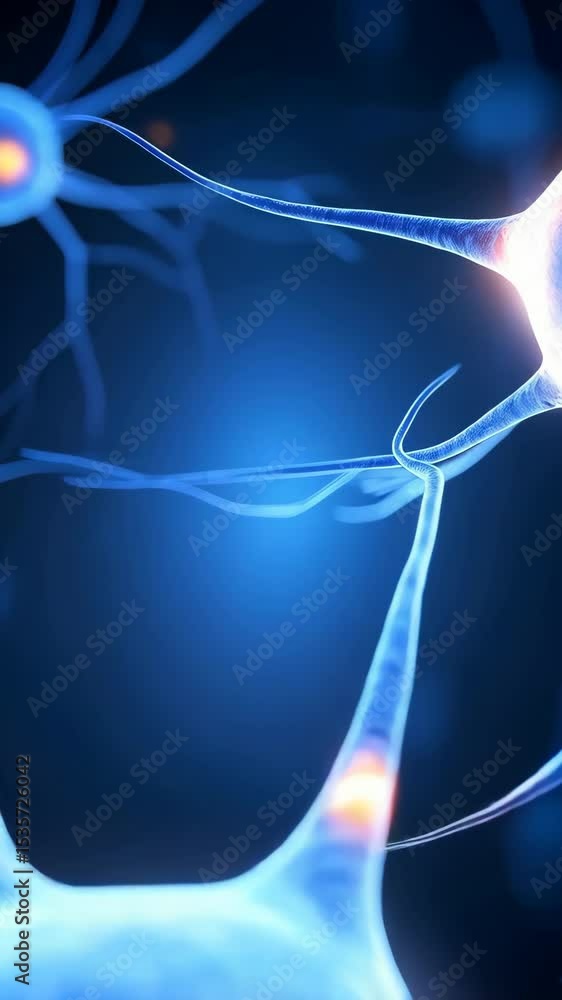Poster brightly illuminated nerve cells connect and communicate within a neural network in blue