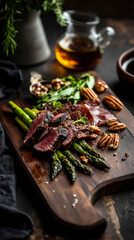 Savor a delightful breakfast board with perfectly grilled asparagus, assorted cured meats, crunchy pecans, and smooth olive oil, all artfully arranged on a rustic wooden platter