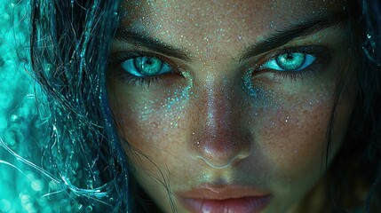Mesmerizing portrait of a woman with glittering blue eyes in ethereal light