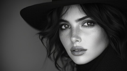 Timeless elegance: black and white portrait of a woman in a hat with freckles
